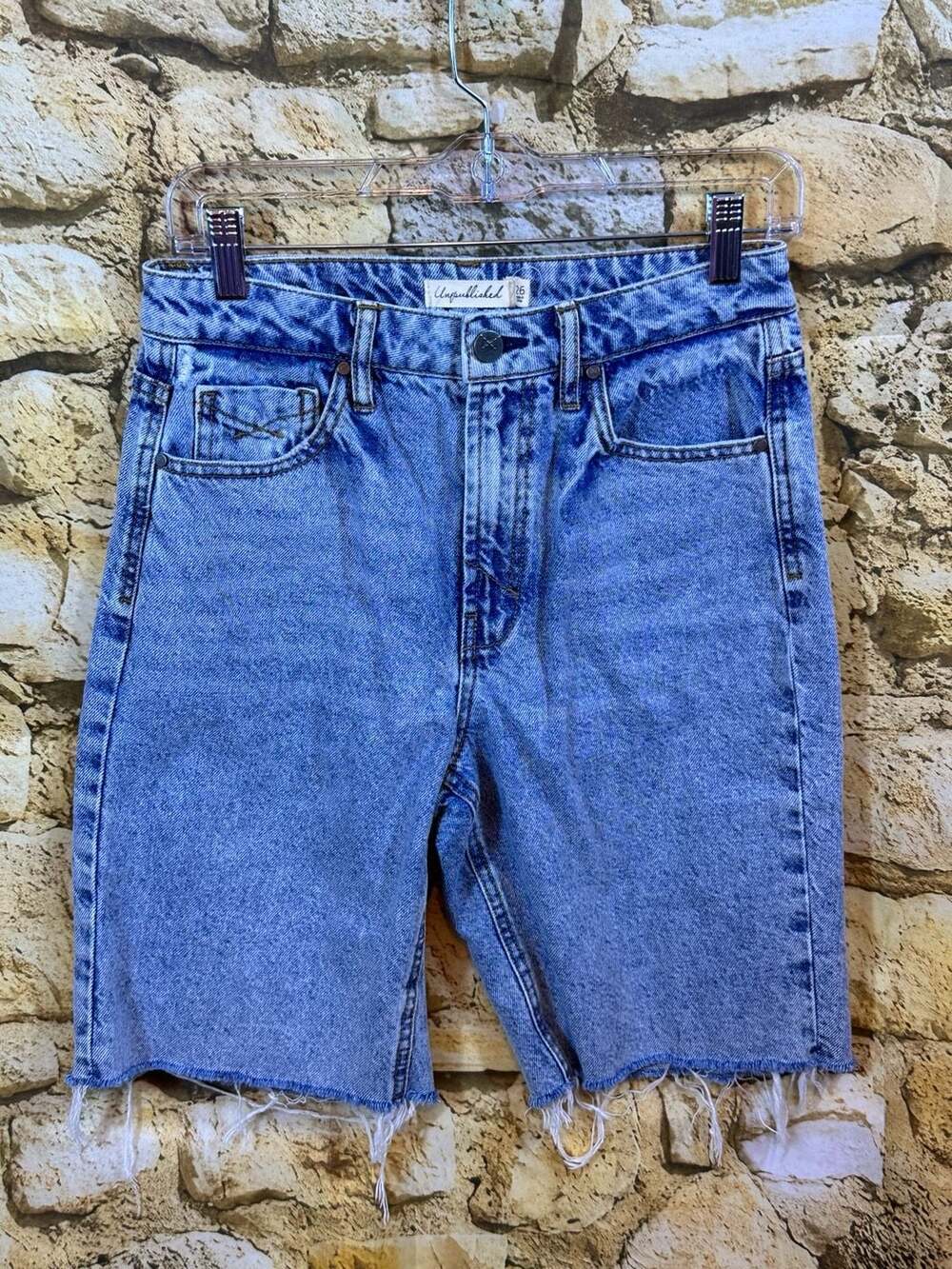 Unpublished High Waist Distressed Raw Hem Denim Bermuda Shorts Size 26